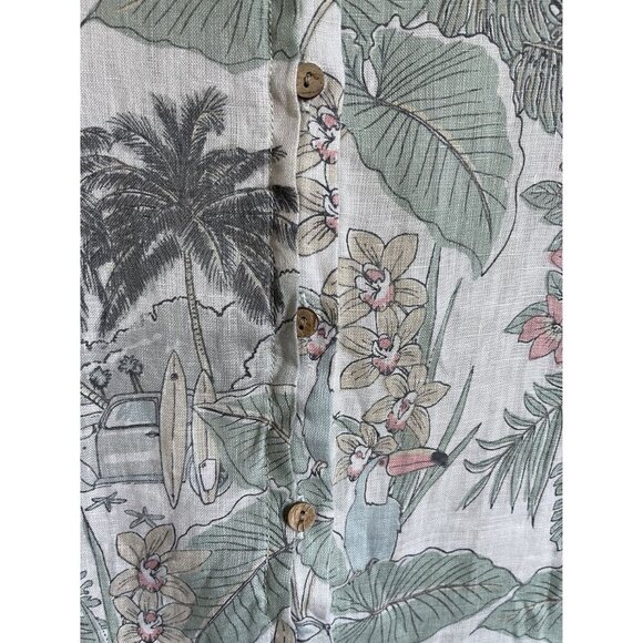 artisanNY 100% Linen Size Large Button Up Collared Cropped Short Sleeve Tropical - Picture 4 of 9